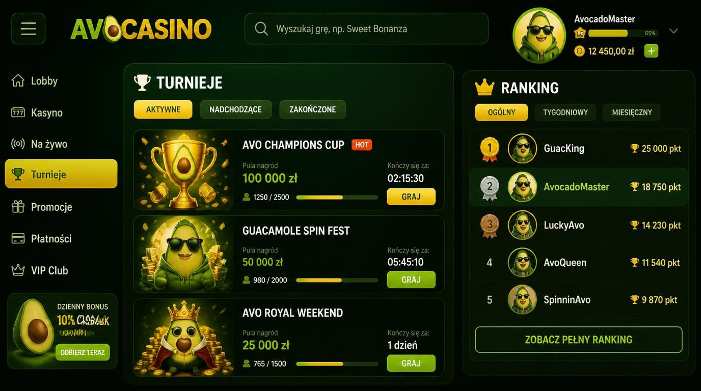 Menu, wyszukiwanie, turnieje i ranking w AvoCasino
