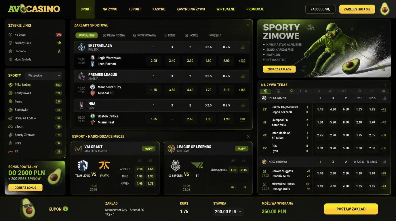 Interfejs z kursami i rankingami sportów