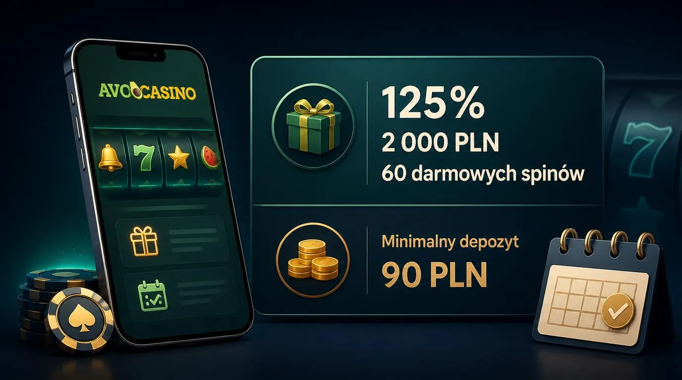 Grafika bonusu powitalnego 125% do 2 000 PLN, 60 darmowych spinów i minimalnej wpłaty 90 PLN