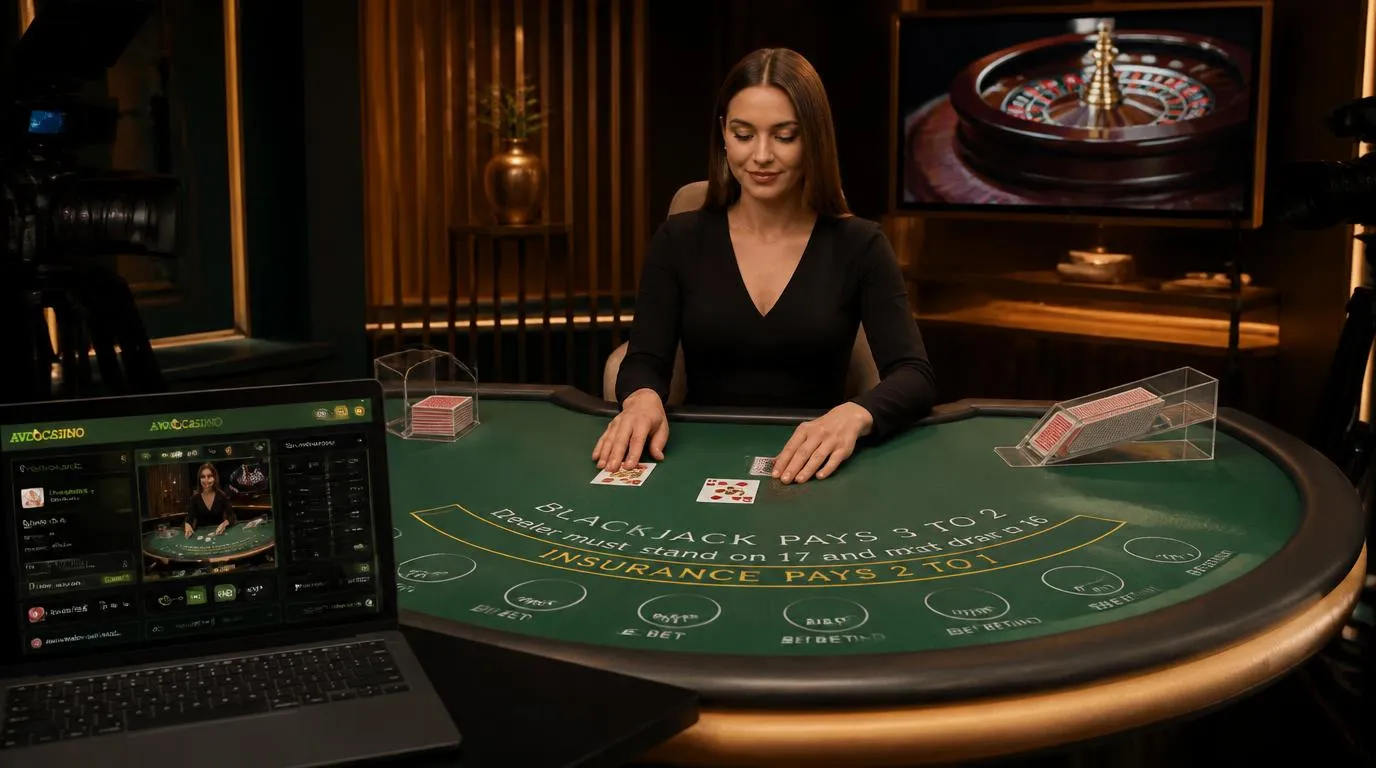 Krupier przy stole do blackjacka w studiu kasyna na żywo, obok ekran z transmisją ruletki